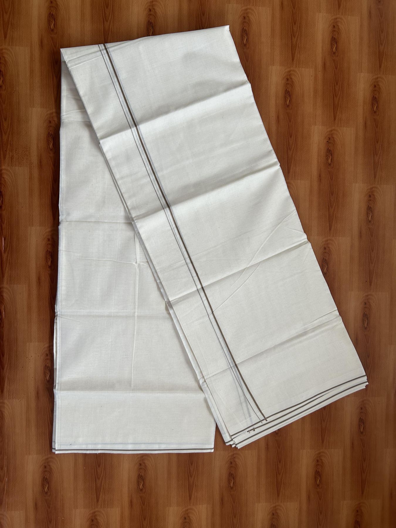 20% Discount! KaithariKada Balaramapuram 100% Cotton Double Off white - (Unbleached) - Mundu/Dhoti-100x80 - 0.3 cm Peanut Brown Thin Kara 4 mtr (8.5 Muzham) - 90 KK5382 VIN