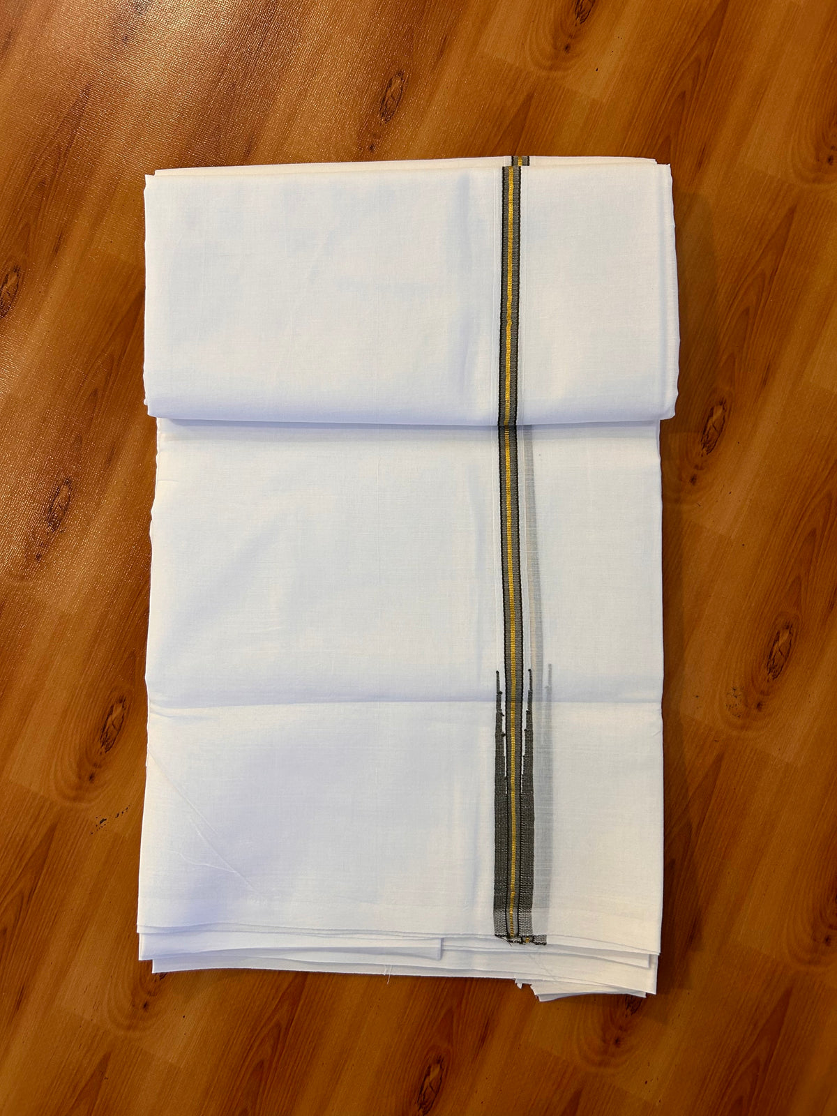 Pure White Double Mundu/Dhoti - 20% Discount! KaithariKada Pulimood - 100% Cotton - 100x100 - 0.75 inch Puliyilakkara Gold Kasav & Olive Green Chutty 4 mtr (8.5 muzham) - 18 KK5534 ASH