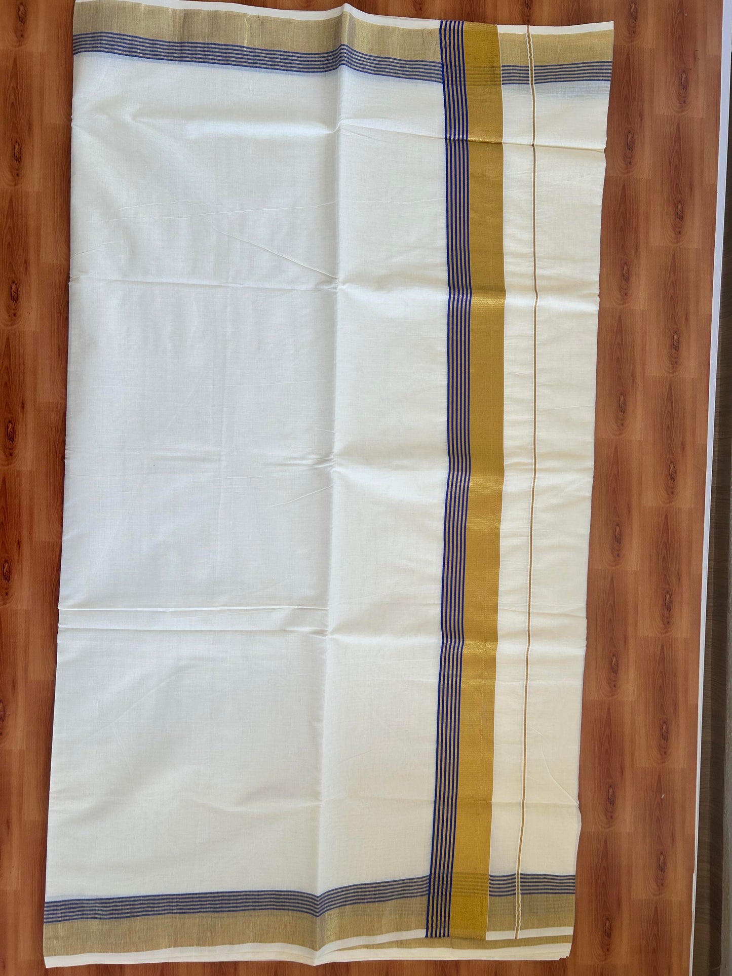 25% Discount! Kaitharikada Kerala Traditional Saree Off white- Mixed Cotton Kasavu Saree - 2.75 Inch  Pallu - Gold Kasav & Navy Blue Striped Kara - 31 KK7000 PMC