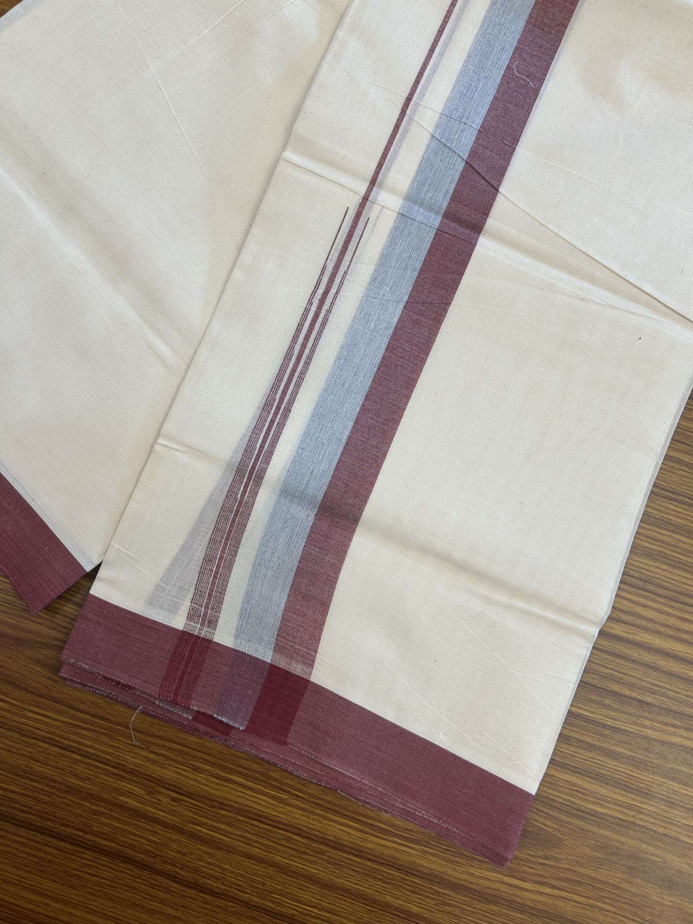 20% Discount ! Kaitharikada Balaramapuram 100% Pure Cotton Double Off white (Unbleached) Mundu/Dhoti - 100x80 - 1.5 inch Maroon & Ash Blue Shaded Stripes Chutty Kara 3.90 mtr (8 muzham) - 24 KK5313 PMC