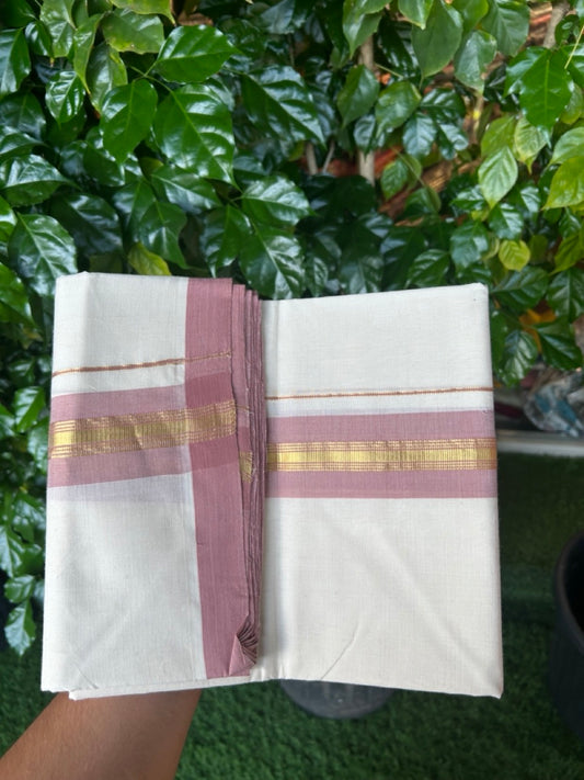 25% Discount! KaithariKada Handloom Millpaav Balaramapuram - Cotton Double Mundu/Dhoti Off white (Unbleached) - 80x90 - 2 inch Kasav & Deep dusty rose shaded striped Kara 3.60 meter (8 Muzham) - 69 KK5256 RAM