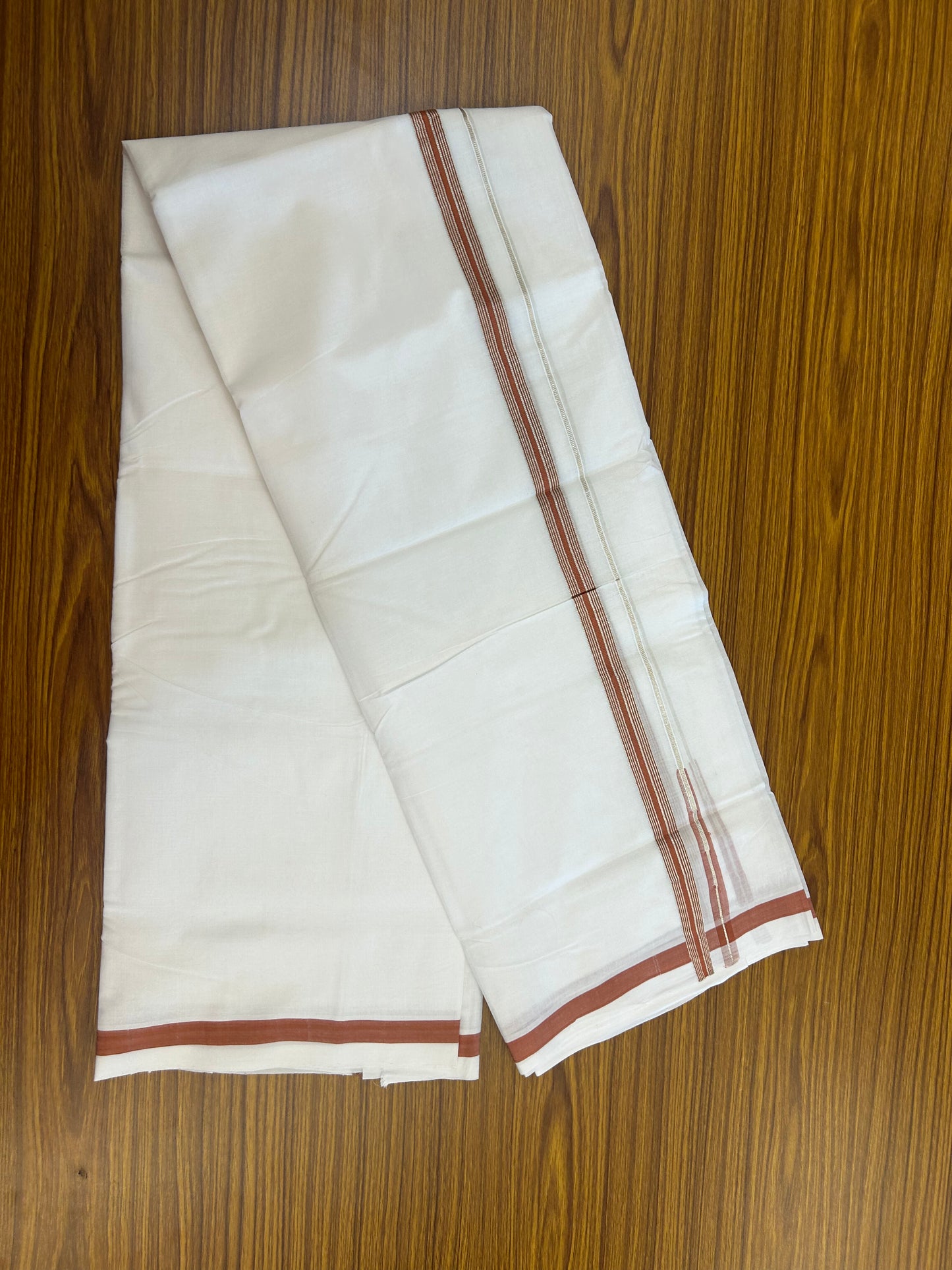 25% Discount ! KaithariKada Handloom Millpaav - Kerala Handloom - 100% Pure Cotton Double Mundu/Dhoti Pure white - 80x90 - 0.75 inch Silver Kasav & Rust Orange Stripes Puliyilakkara Chutty 3.80 mtr (8 Muzham) - 26 KK5369 YAR