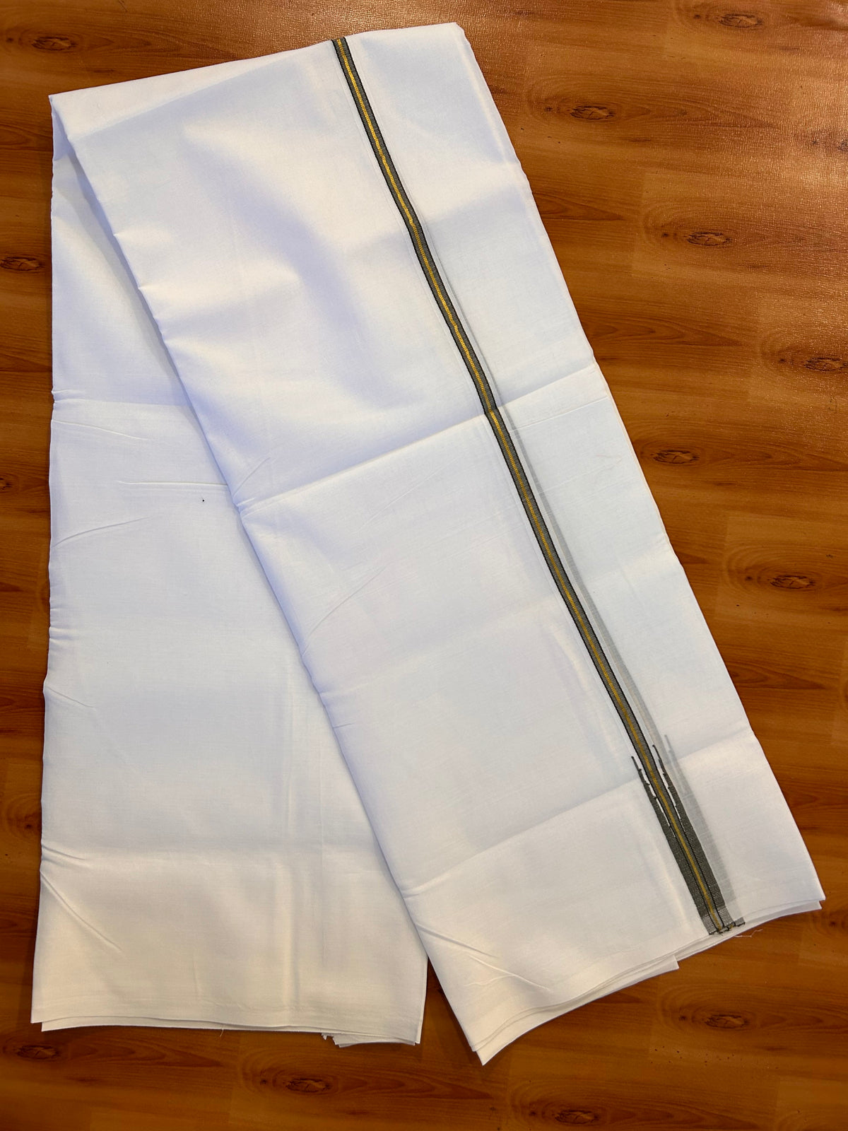 Pure White Double Mundu/Dhoti - 20% Discount! KaithariKada Pulimood - 100% Cotton - 100x100 - 0.75 inch Puliyilakkara Gold Kasav & Olive Green Chutty 4 mtr (8.5 muzham) - 18 KK5534 ASH