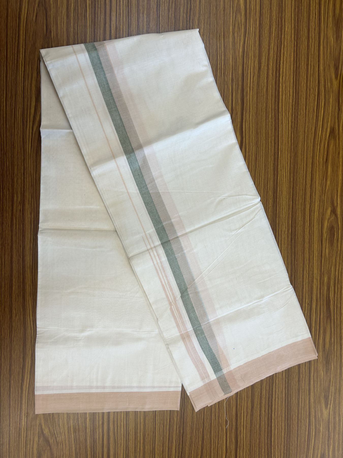 20% Discount ! Kaitharikada Balaramapuram 100% Pure Cotton Double Off white (Unbleached) Mundu/Dhoti - 100x80 - 1.25 inch Cream & Green Shaded Stripes Chutty Kara 3.90 mtr (8 muzham) - 25 KK5313 PMC