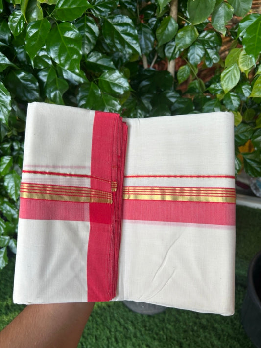 25% Discount! KaithariKada Handloom Millpaav Balaramapuram - Cotton Double Mundu/Dhoti Off white (Unbleached) - 80x90 - 1.5 inch Kasav striped Red shaded Kara 3.60 meter (8 Muzham) - 75 KK5256 RAM