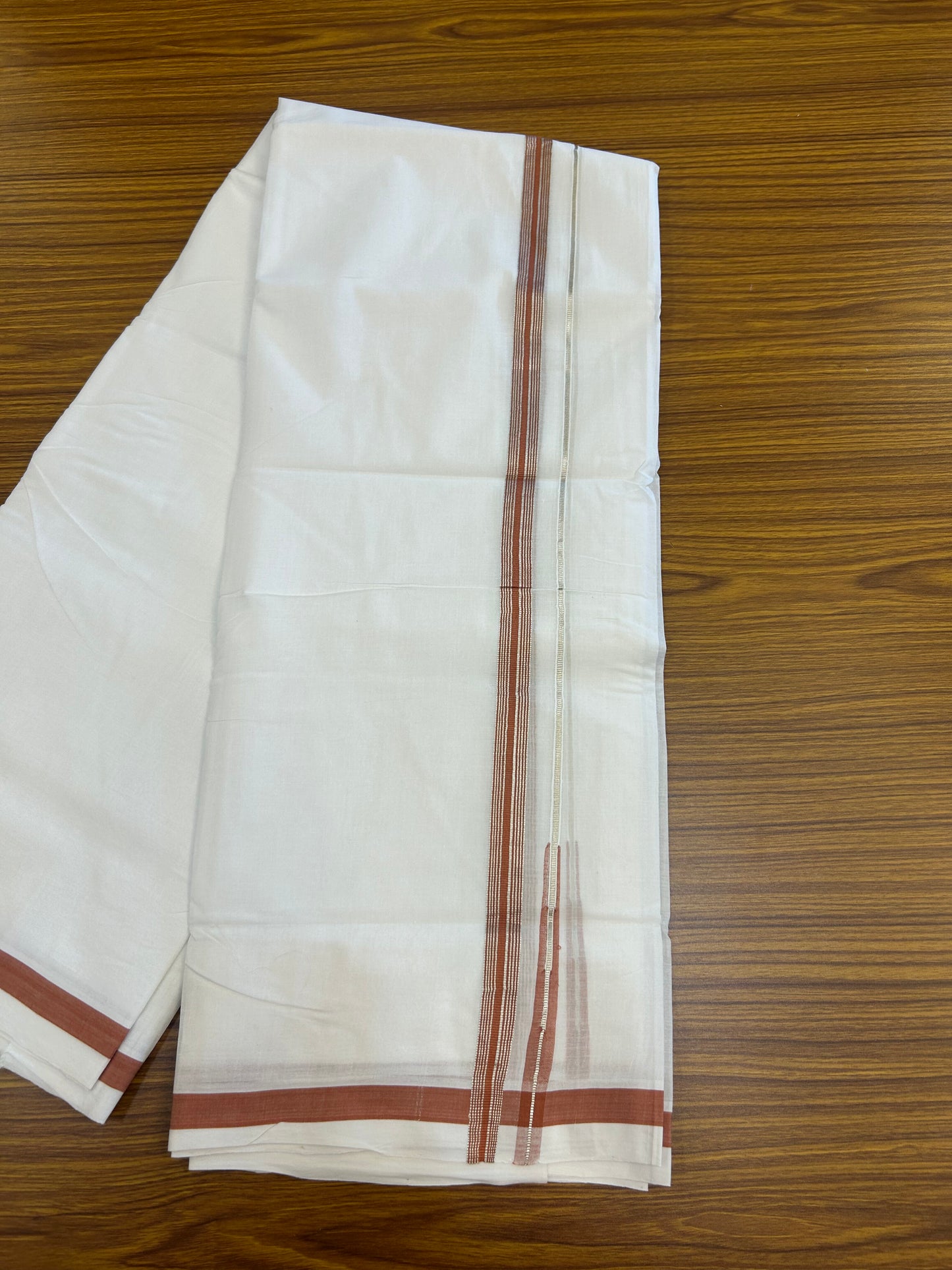 25% Discount ! KaithariKada Handloom Millpaav - Kerala Handloom - 100% Pure Cotton Double Mundu/Dhoti Pure white - 80x90 - 0.75 inch Silver Kasav & Rust Orange Stripes Puliyilakkara Chutty 3.80 mtr (8 Muzham) - 26 KK5369 YAR