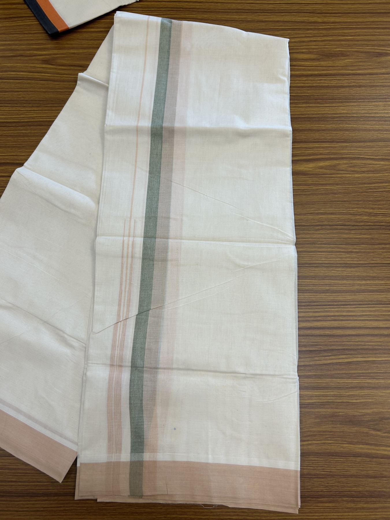 20% Discount ! Kaitharikada Balaramapuram 100% Pure Cotton Double Off white (Unbleached) Mundu/Dhoti - 100x80 - 1.25 inch Cream & Green Shaded Stripes Chutty Kara 3.90 mtr (8 muzham) - 25 KK5313 PMC