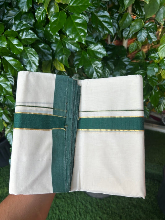 25% Discount! KaithariKada Handloom Millpaav Balaramapuram - Cotton Double Mundu/Dhoti Off white (Unbleached) - 80x90 - 1.25 inch Kasav Green Kara 3.60 meter (8 Muzham) - 86 KK5256 RAM