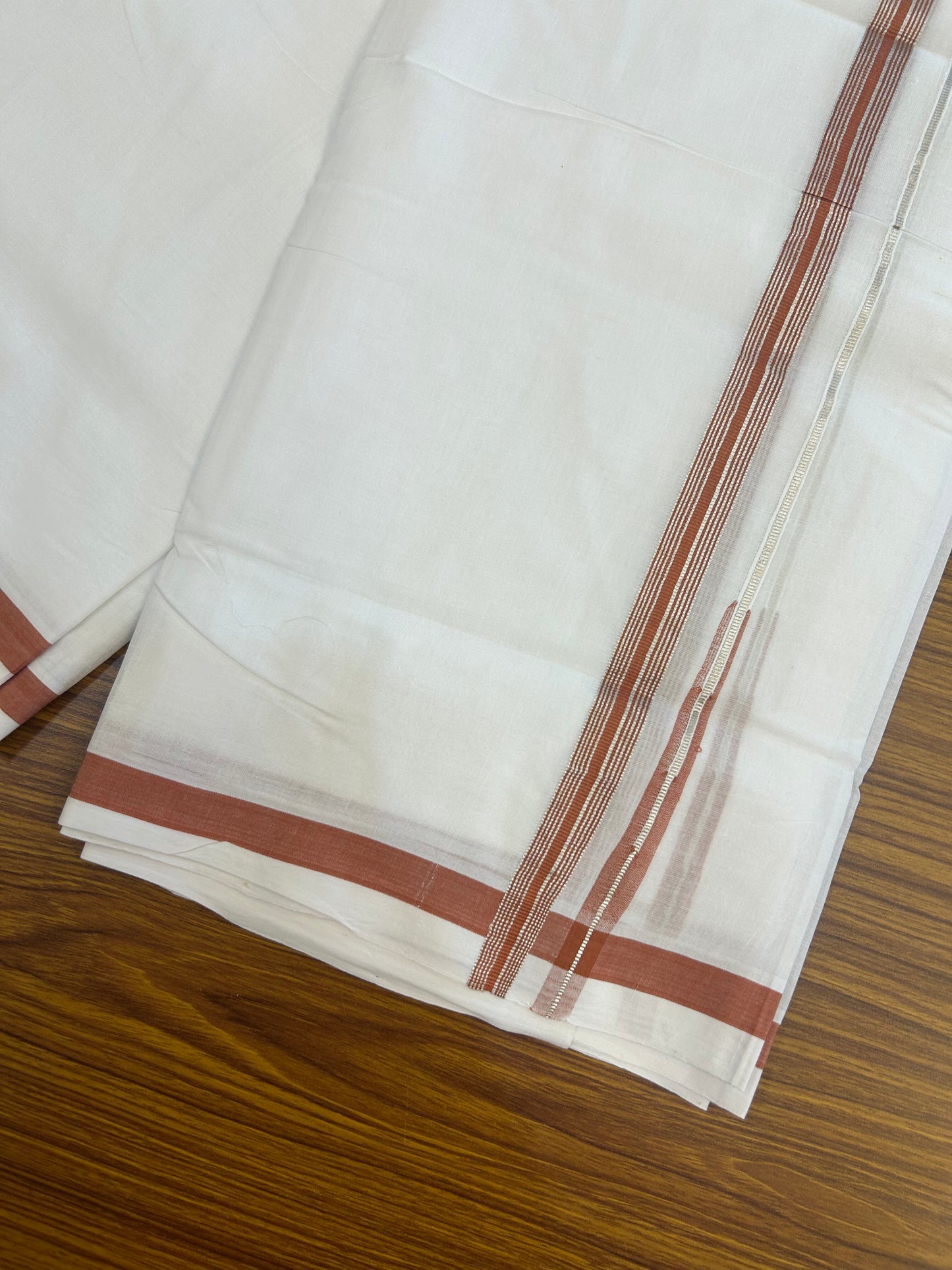 25% Discount ! KaithariKada Handloom Millpaav - Kerala Handloom - 100% Pure Cotton Double Mundu/Dhoti Pure white - 80x90 - 0.75 inch Silver Kasav & Rust Orange Stripes Puliyilakkara Chutty 3.80 mtr (8 Muzham) - 26 KK5369 YAR