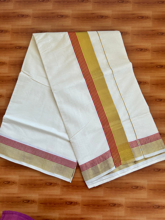 25% Discount! Kaitharikada Kerala Traditional Saree Off white- Mixed Cotton Kasavu Saree - 2.75 Inch  Pallu - Gold Kasav & Maroon Red Striped Kara - 32 KK7000 PMC
