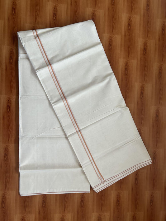 20% Discount! KaithariKada Balaramapuram 100% Cotton Double Off white - (Unbleached) - Mundu/Dhoti-100x80 - 0.3 cm Peach Orange Thin Kara 4.23 mtr (9.06 Muzham) - 86 KK5382 VIN
