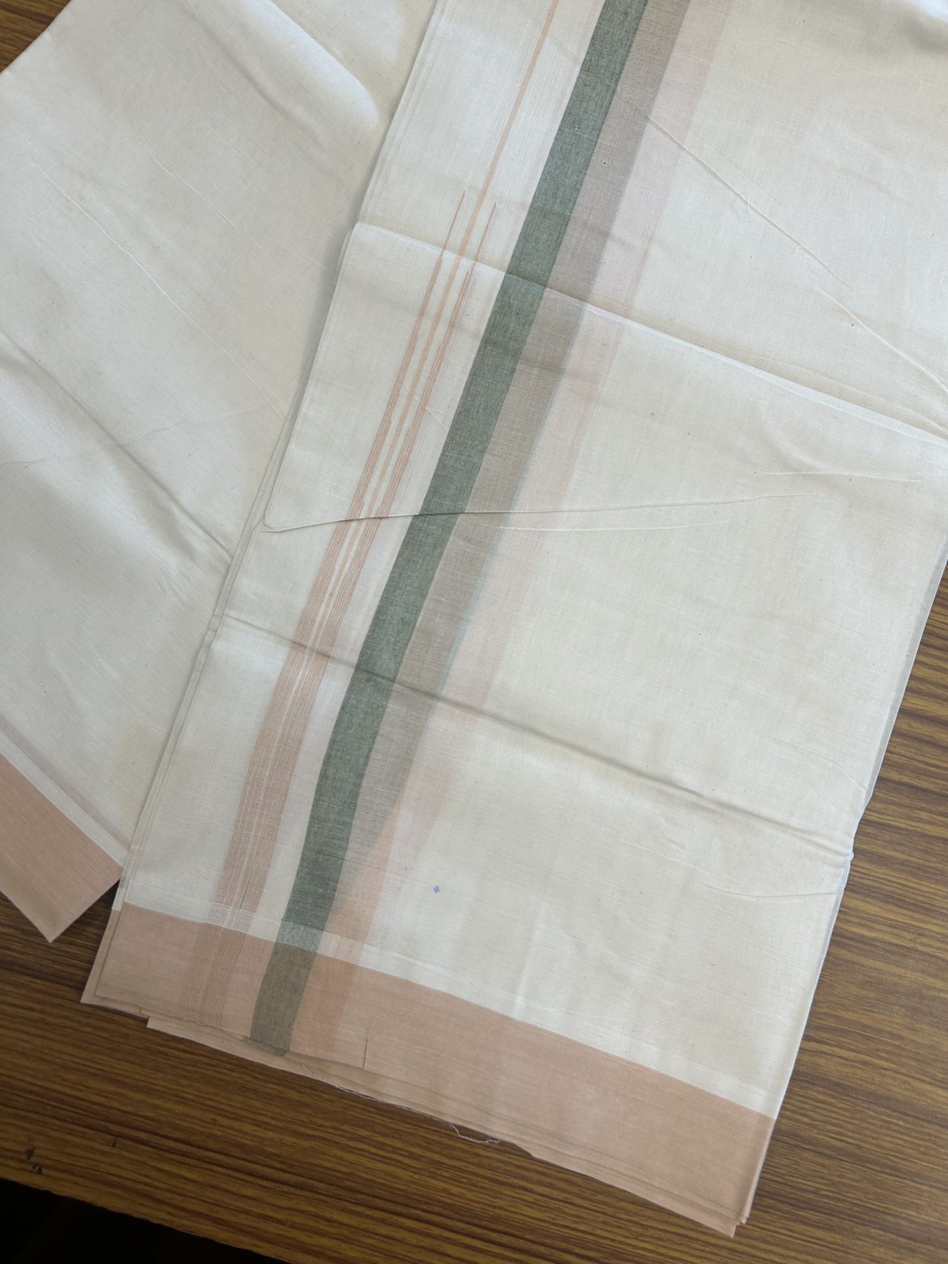20% Discount ! Kaitharikada Balaramapuram 100% Pure Cotton Double Off white (Unbleached) Mundu/Dhoti - 100x80 - 1.25 inch Cream & Green Shaded Stripes Chutty Kara 3.90 mtr (8 muzham) - 25 KK5313 PMC