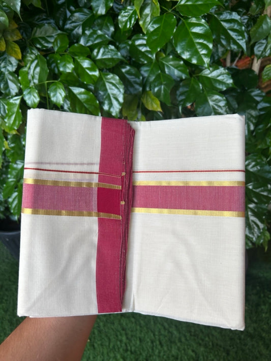 25% Discount! KaithariKada Handloom Millpaav Balaramapuram - Cotton Double Mundu/Dhoti Off white (Unbleached) - 80x90 - 1.5 inch Kasav & Maroon shaded Kara 3.60 meter (8 Muzham) - 61 KK5256 RAM