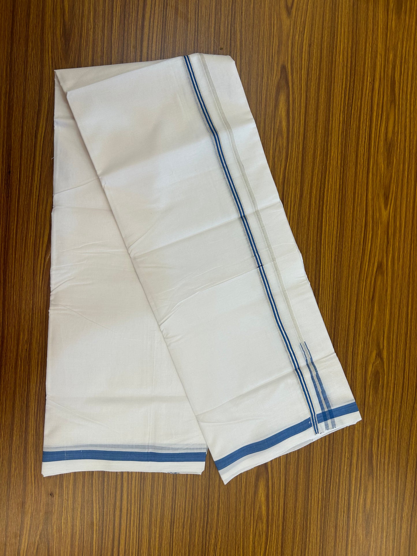 25% Discount ! KaithariKada Handloom Millpaav  - Kerala Handloom - 100% Pure Cotton Double Mundu/Dhoti Pure white - 80x90 - 1.5 cm Silver Kasav & Blue Stripes Puliyilakkara Chutty 3.80 mtr (8 Muzham) - 32 KK5369 YAR