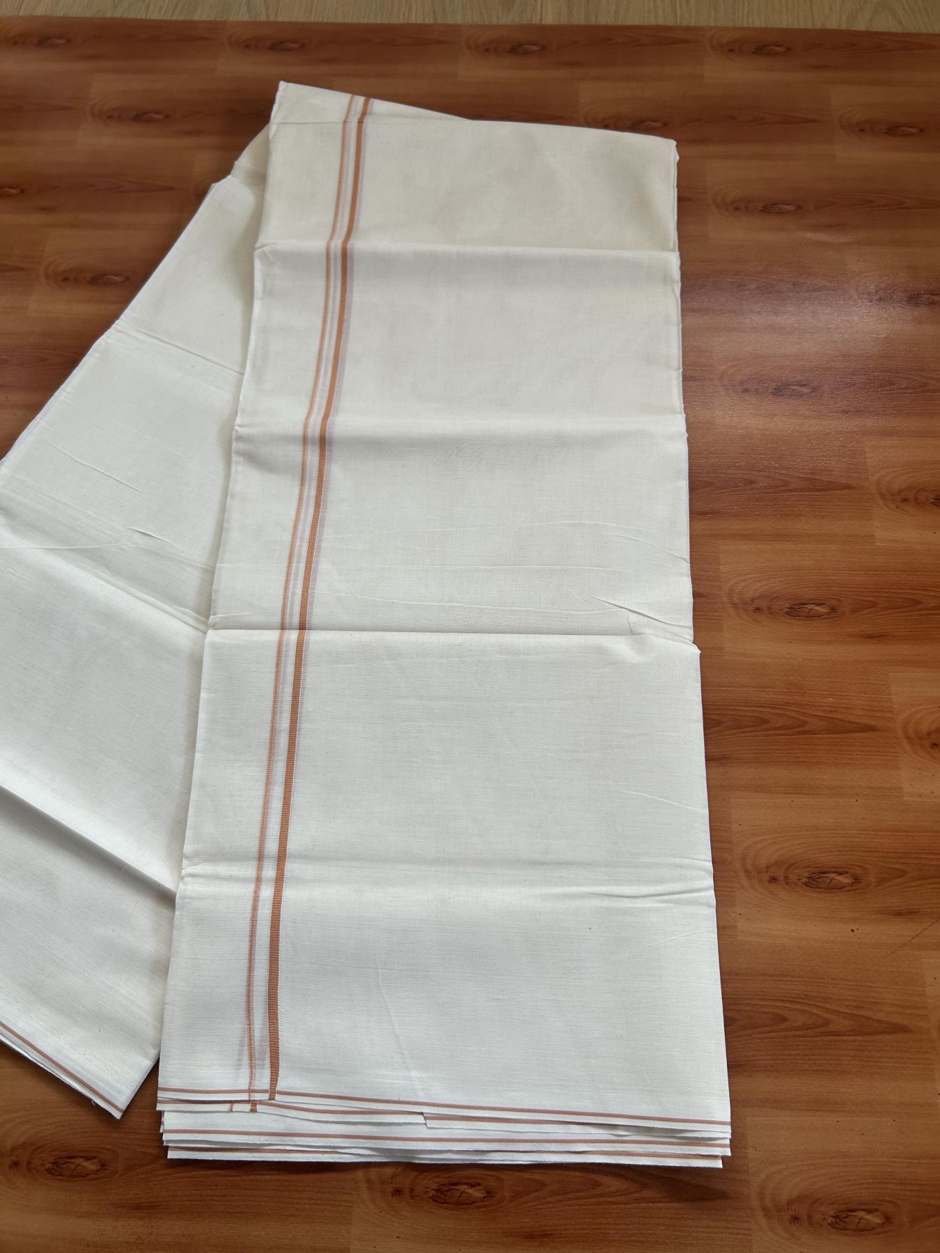 20% Discount! KaithariKada Balaramapuram 100% Cotton Double Off white - (Unbleached) - Mundu/Dhoti-100x80 - 0.3 cm Peach Orange Thin Kara 4.23 mtr (9.06 Muzham) - 86 KK5382 VIN