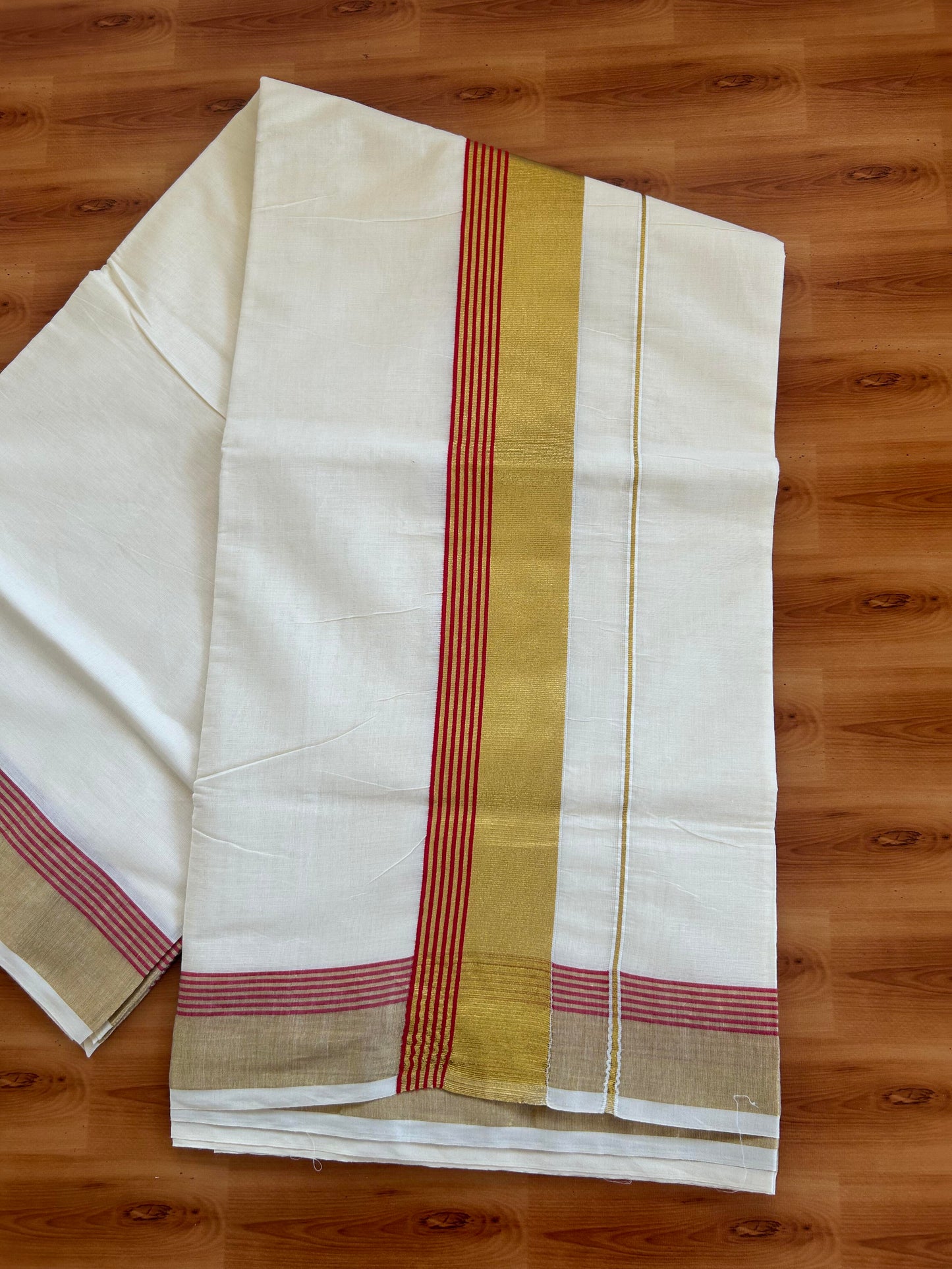 25% Discount! Kaitharikada Kerala Traditional Saree Off white- Mixed Cotton Kasavu Saree - 2.75 Inch  Pallu - Gold Kasav & Maroon Red Striped Kara - 32 KK7000 PMC