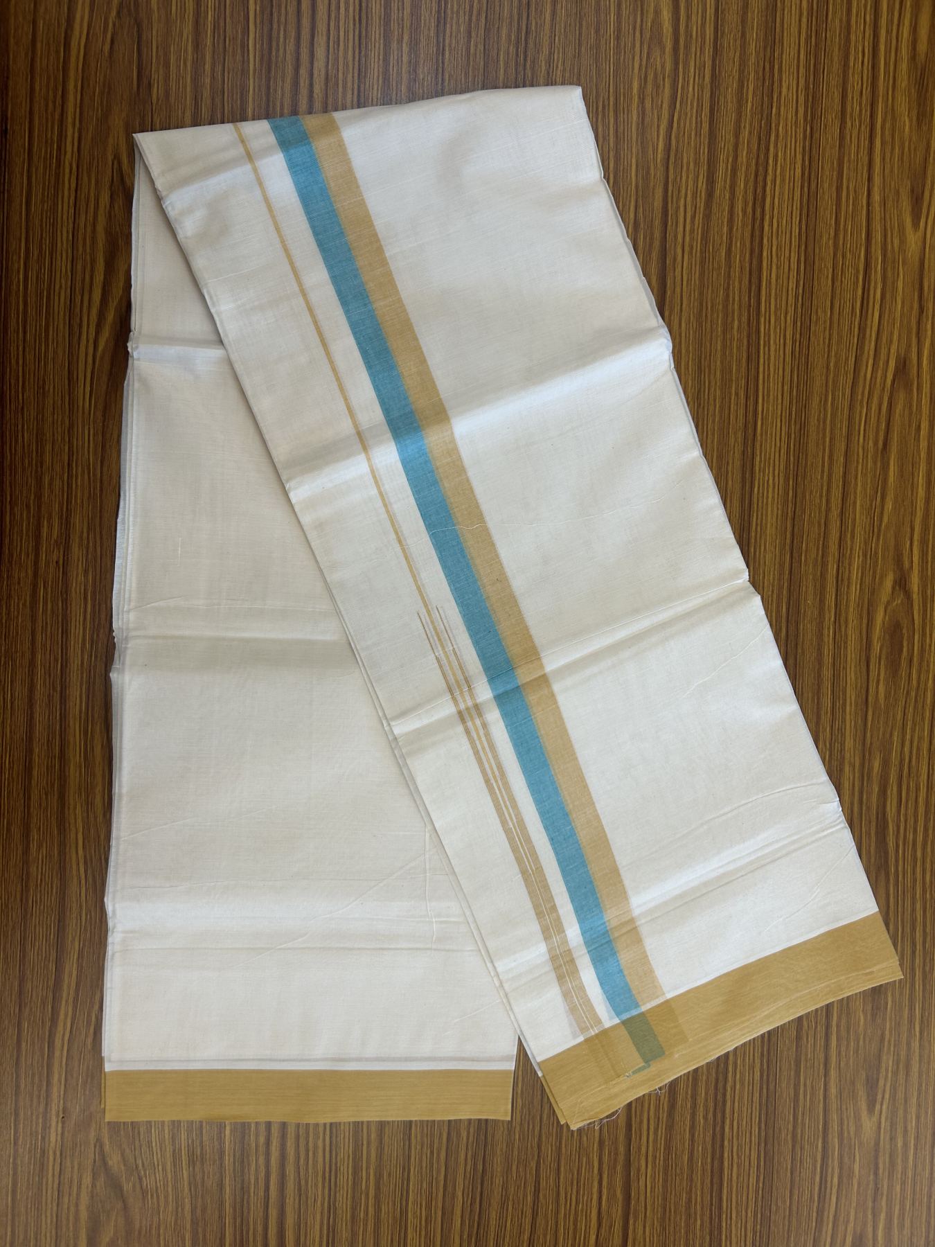 20% Discount ! Kaitharikada Balaramapuram 100% Pure Cotton Double Off white (Unbleached) Mundu/Dhoti - 100x80 - 1.5 inch Orange Brown & Turquoise Green Shaded Stripes Chutty Kara 3.90 mtr (8 muzham) - 26 KK5313 PMC
