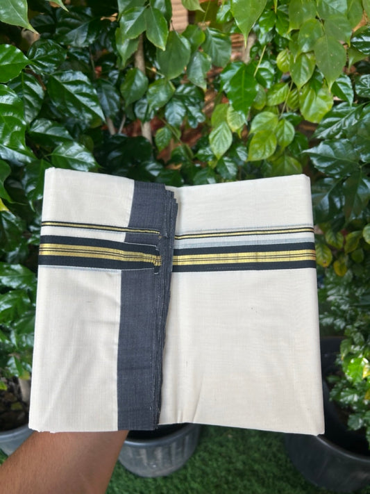 25% Discount! KaithariKada Handloom Millpaav Balaramapuram - Cotton Double Mundu/Dhoti Off white (Unbleached) - 80x90 - 1 inch Kasav & Black striped Kara 3.60 meter (8 Muzham) - 72 KK5256 RAM