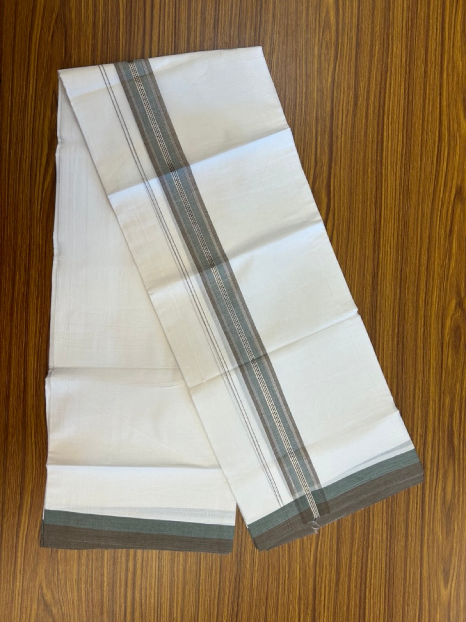 20% Discount! KaithariKada Balaramapuram 100% Cotton Double Pure white Mundu/Dhoti- 100X80 - 1.5 inch Silver kasav Steel Teal Green & Coffee Brown striped Shaded kara - 3.90mtr ( 8 muzham) - 35 KK5280 VIN