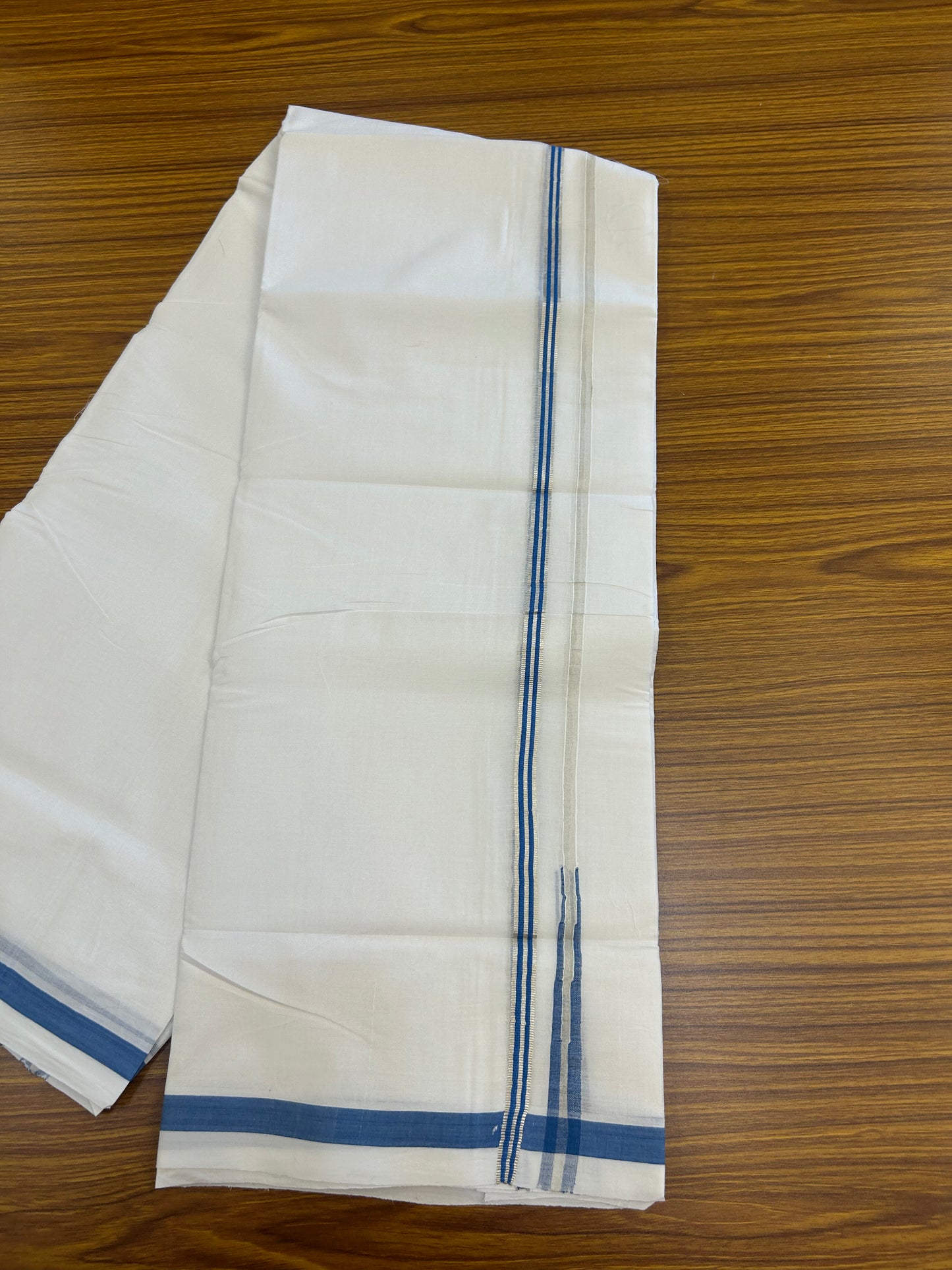 25% Discount ! KaithariKada Handloom Millpaav  - Kerala Handloom - 100% Pure Cotton Double Mundu/Dhoti Pure white - 80x90 - 1.5 cm Silver Kasav & Blue Stripes Puliyilakkara Chutty 3.80 mtr (8 Muzham) - 32 KK5369 YAR