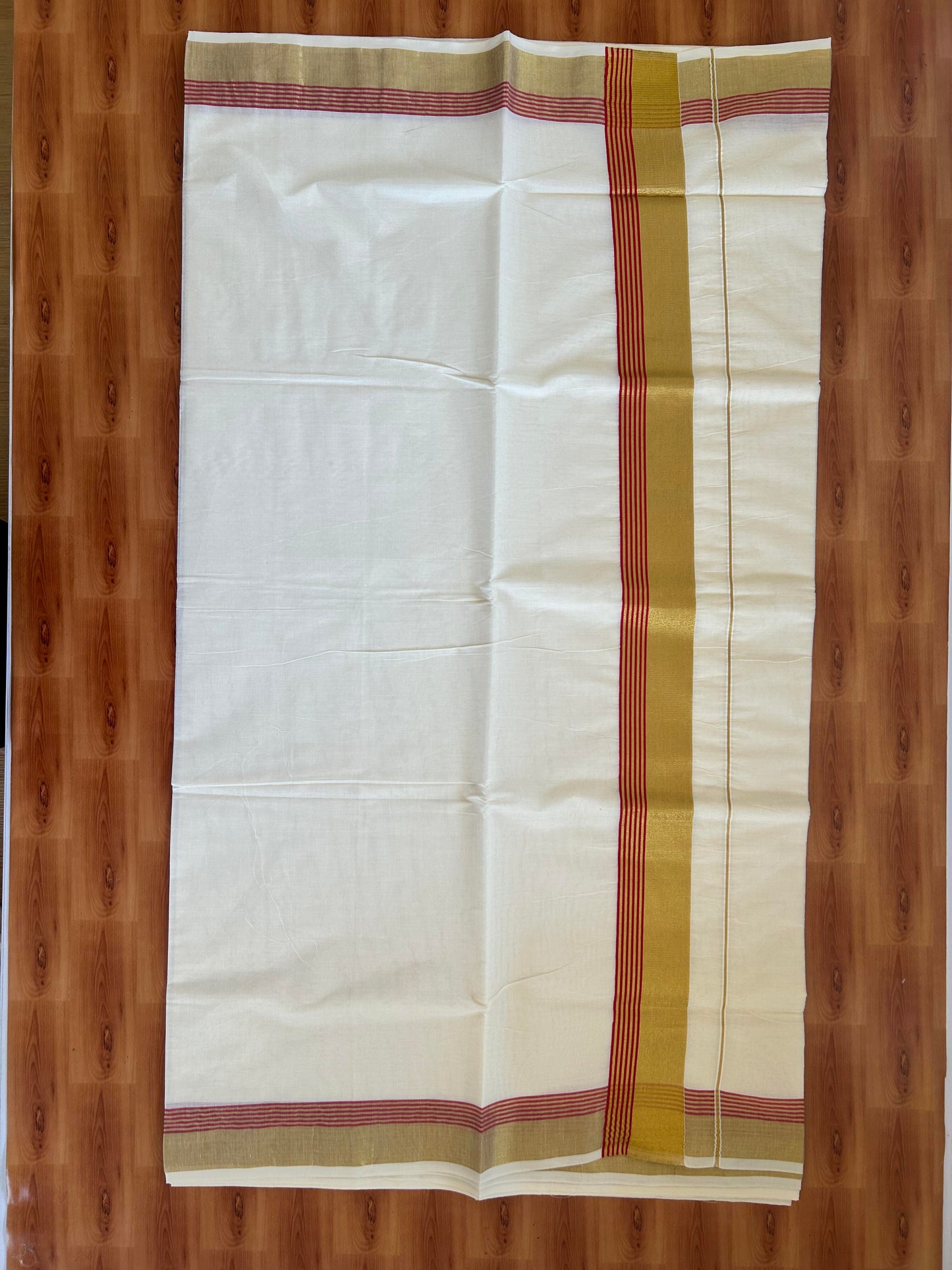 25% Discount! Kaitharikada Kerala Traditional Saree Off white- Mixed Cotton Kasavu Saree - 2.75 Inch  Pallu - Gold Kasav & Maroon Red Striped Kara - 32 KK7000 PMC