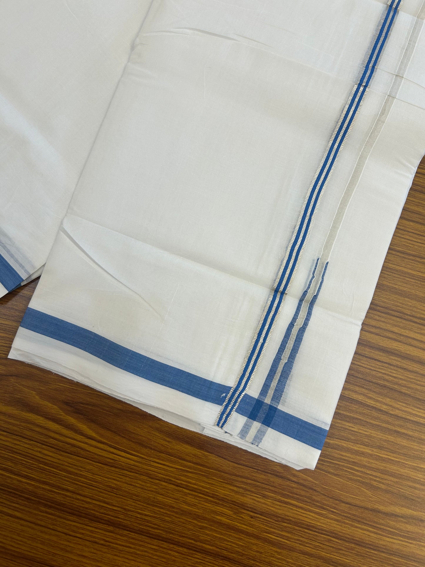 25% Discount ! KaithariKada Handloom Millpaav  - Kerala Handloom - 100% Pure Cotton Double Mundu/Dhoti Pure white - 80x90 - 1.5 cm Silver Kasav & Blue Stripes Puliyilakkara Chutty 3.80 mtr (8 Muzham) - 32 KK5369 YAR