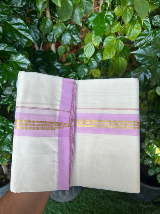 25% Discount! KaithariKada Handloom Millpaav Balaramapuram - Cotton Double Mundu/Dhoti Off white (Unbleached) - 80x90 - 1.75 inch Kasav & Baby Pink shaded striped Kara 3.60 meter (8 Muzham) - 68 KK5256 RAM