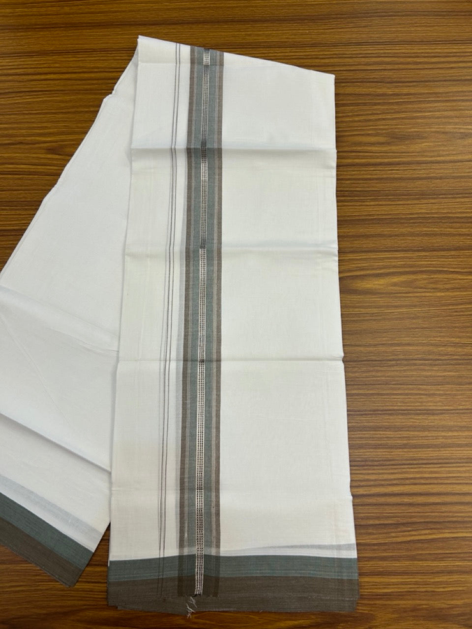 20% Discount! KaithariKada Balaramapuram 100% Cotton Double Pure white Mundu/Dhoti- 100X80 - 1.5 inch Silver kasav Steel Teal Green & Coffee Brown striped Shaded kara - 3.90mtr ( 8 muzham) - 35 KK5280 VIN