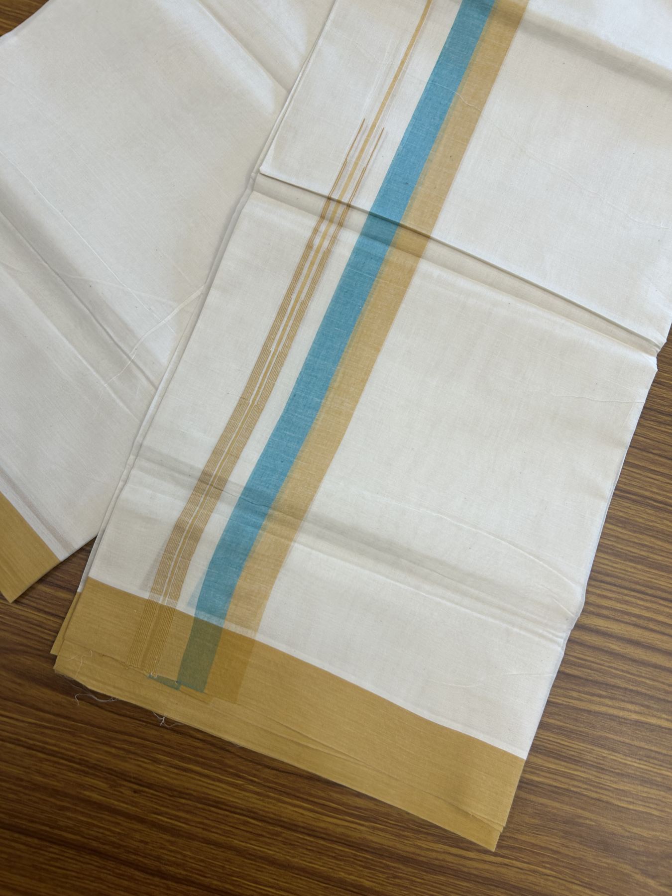 20% Discount ! Kaitharikada Balaramapuram 100% Pure Cotton Double Off white (Unbleached) Mundu/Dhoti - 100x80 - 1.5 inch Orange Brown & Turquoise Green Shaded Stripes Chutty Kara 3.90 mtr (8 muzham) - 26 KK5313 PMC