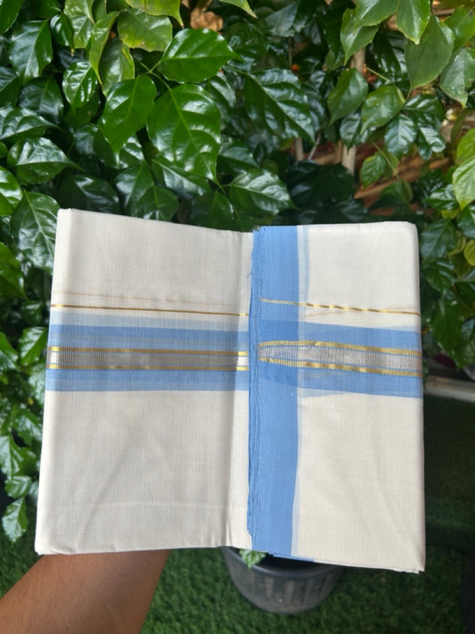 25% Discount! KaithariKada Handloom Millpaav Balaramapuram - Cotton Double Mundu/Dhoti Off white (Unbleached) - 80x90 - 1.75 inch Silver & Kasav striped Light Blue shaded Kara 3.60 meter (8 Muzham) - 73 KK5256 RAM