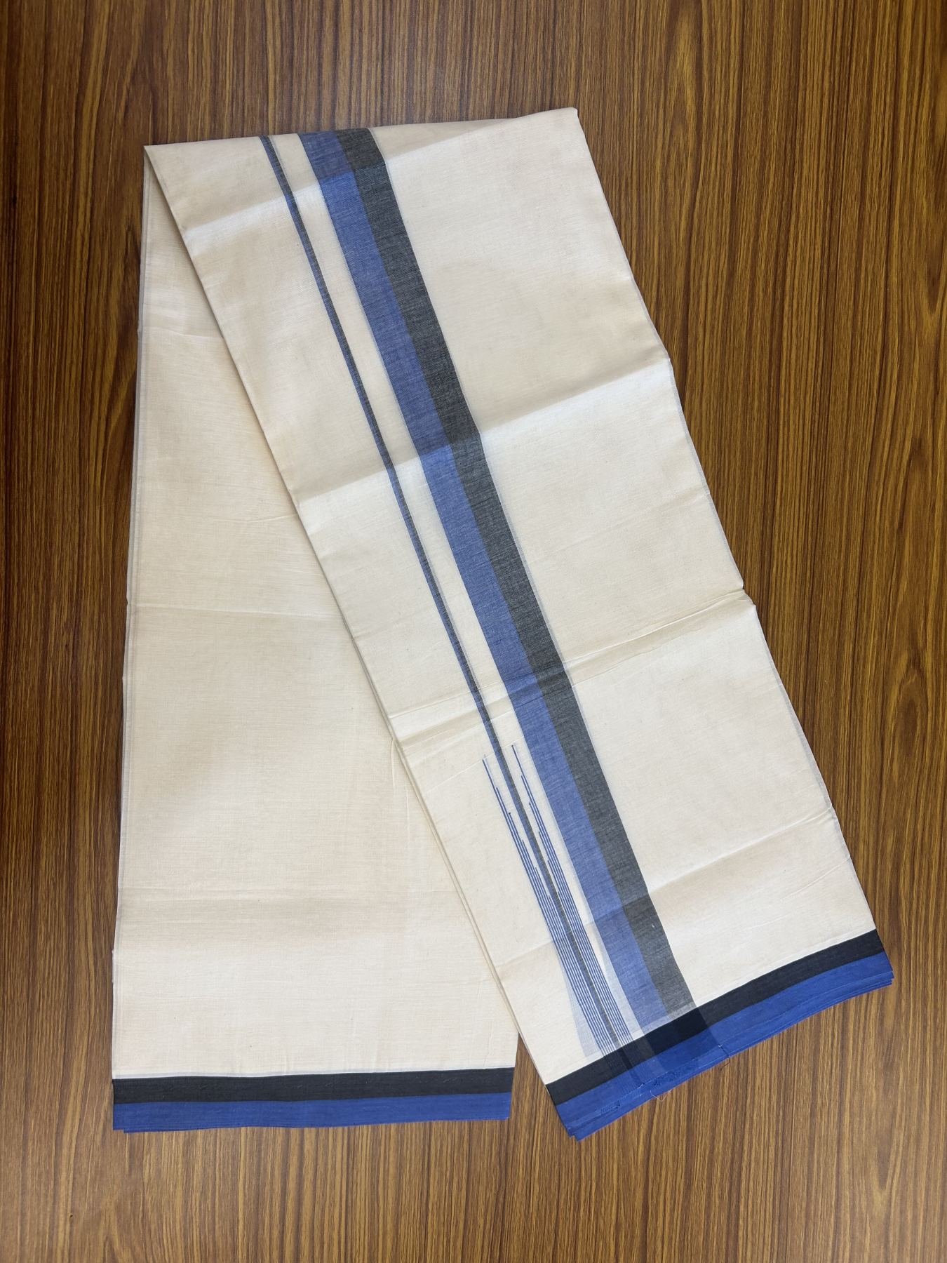 20% Discount ! Kaitharikada Balaramapuram 100% Pure Cotton Double Off white (Unbleached) Mundu/Dhoti - 100x80 - 1.5 inch Black & Blue Shaded Stripes Chutty Kara 3.90 mtr (8 muzham) - 27 KK5313 PMC
