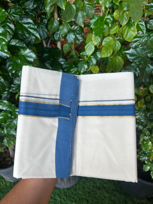 25% Discount! KaithariKada Handloom Millpaav Balaramapuram - Cotton Double Mundu/Dhoti Off white (Unbleached) - 80x90 - 1.25 inch Kasav Blue Kara 3.60 meter (8 Muzham) - 87 KK5256 RAM