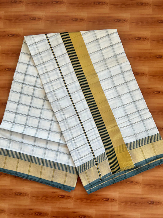 25% Discount! Kaitharikada Kerala Traditional Saree Off white- Mixed Cotton Kasavu Saree - 3 Inch  Pallu - Gold Kasav & Green Striped Kara & Check Design Body - 33 KK7000 PMC
