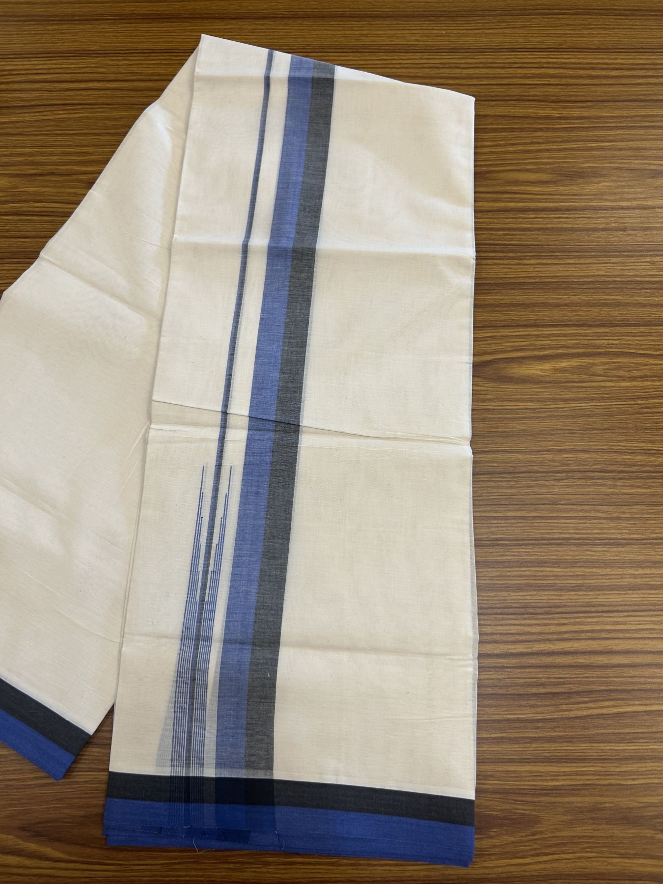 20% Discount ! Kaitharikada Balaramapuram 100% Pure Cotton Double Off white (Unbleached) Mundu/Dhoti - 100x80 - 1.5 inch Black & Blue Shaded Stripes Chutty Kara 3.90 mtr (8 muzham) - 27 KK5313 PMC