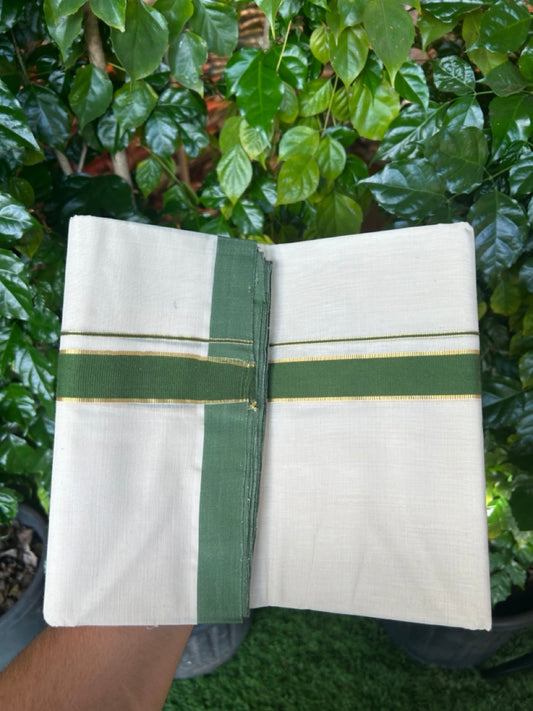 25% Discount! KaithariKada Handloom Millpaav Balaramapuram - Cotton Double Mundu/Dhoti Off white (Unbleached) - 80x90 - 1.25 inch Kasav Dark Forest Green Kara 3.60 meter (8 Muzham) - 88 KK5256 RAM