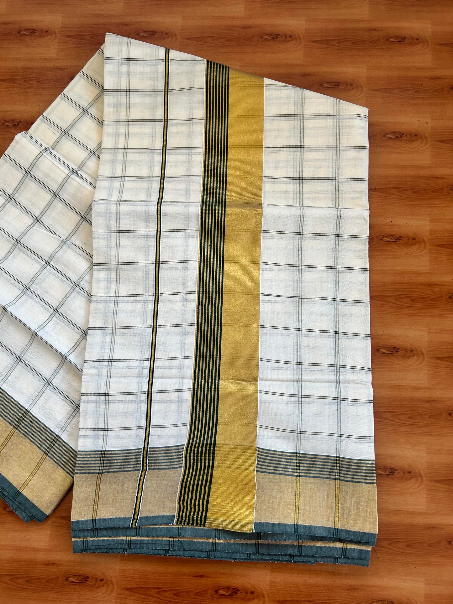 25% Discount! Kaitharikada Kerala Traditional Saree Off white- Mixed Cotton Kasavu Saree - 3 Inch  Pallu - Gold Kasav & Green Striped Check Design Kara - 33 KK7000 PMC