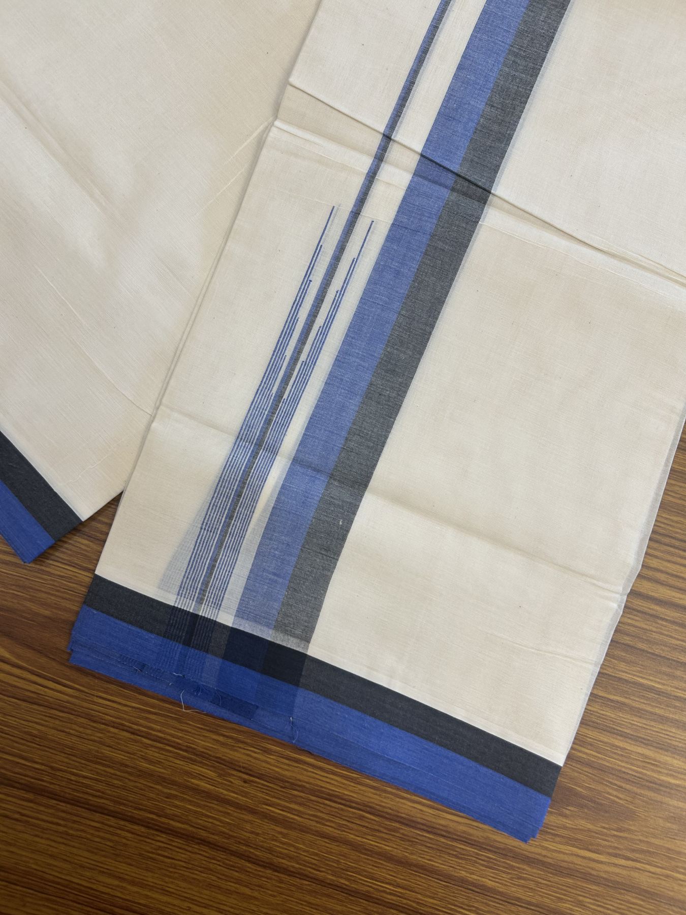 20% Discount ! Kaitharikada Balaramapuram 100% Pure Cotton Double Off white (Unbleached) Mundu/Dhoti - 100x80 - 1.5 inch Black & Blue Shaded Stripes Chutty Kara 3.90 mtr (8 muzham) - 27 KK5313 PMC