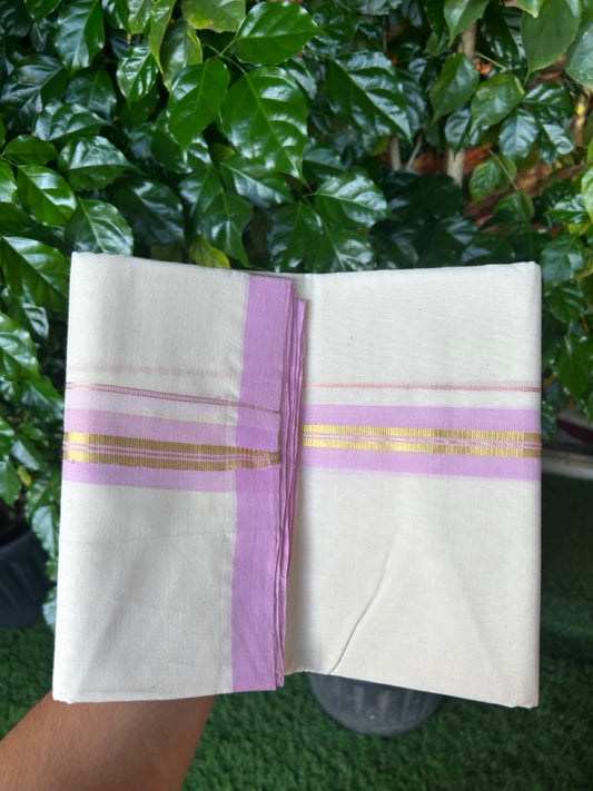 25% Discount! KaithariKada Handloom Millpaav Balaramapuram - Cotton Double Mundu/Dhoti Off white (Unbleached) - 80x90 - 1.5 inch Kasav & Baby Pink shaded striped Kara 3.60 meter (8 Muzham) - 70 KK5256 RAM