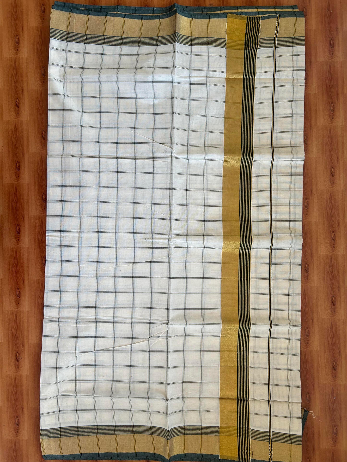 25% Discount! Kaitharikada Kerala Traditional Saree Off white- Mixed Cotton Kasavu Saree - 3 Inch  Pallu - Gold Kasav & Green Striped Check Design Kara - 33 KK7000 PMC