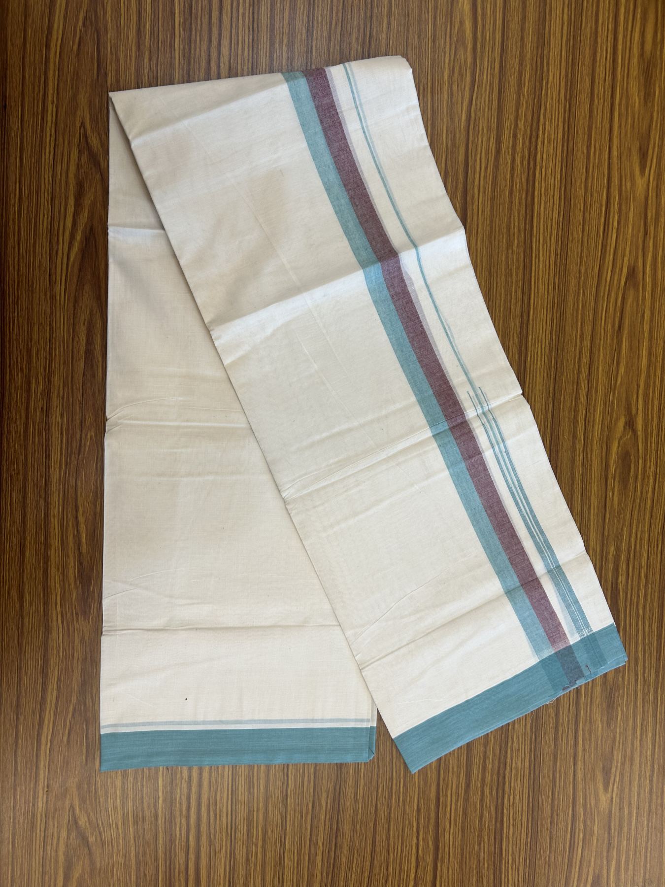 20% Discount ! Kaitharikada Balaramapuram 100% Pure Cotton Double Off white (Unbleached) Mundu/Dhoti - 100x80 - 1.25 inch Maroon & Turquoise Blue Shaded Stripes Chutty Kara 3.90 mtr (8 muzham) - 28 KK5313 PMC