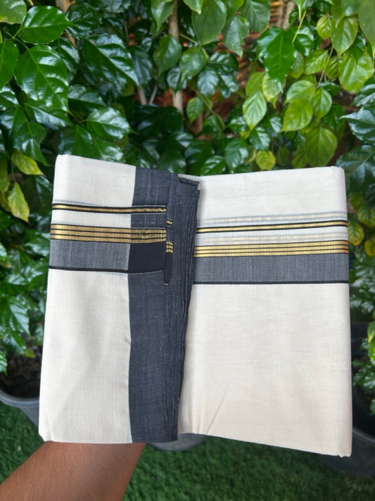 25% Discount! KaithariKada Handloom Millpaav Balaramapuram - Cotton Double Mundu/Dhoti Off white (Unbleached) - 80x90 - 1.5 inch Kasav striped Black shaded Kara 3.60 meter (8 Muzham) - 77 KK5256 RAM