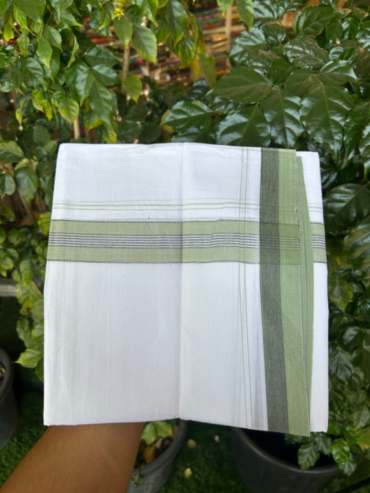 20% Discount! KaithariKada Balaramapuram 100% Cotton Double Pure white Mundu/Dhoti- 100X80 - 1.5 inch Black & Light Pista Green striped Shaded kara - 3.90mtr ( 8 muzham) - 25 KK5280 VIN