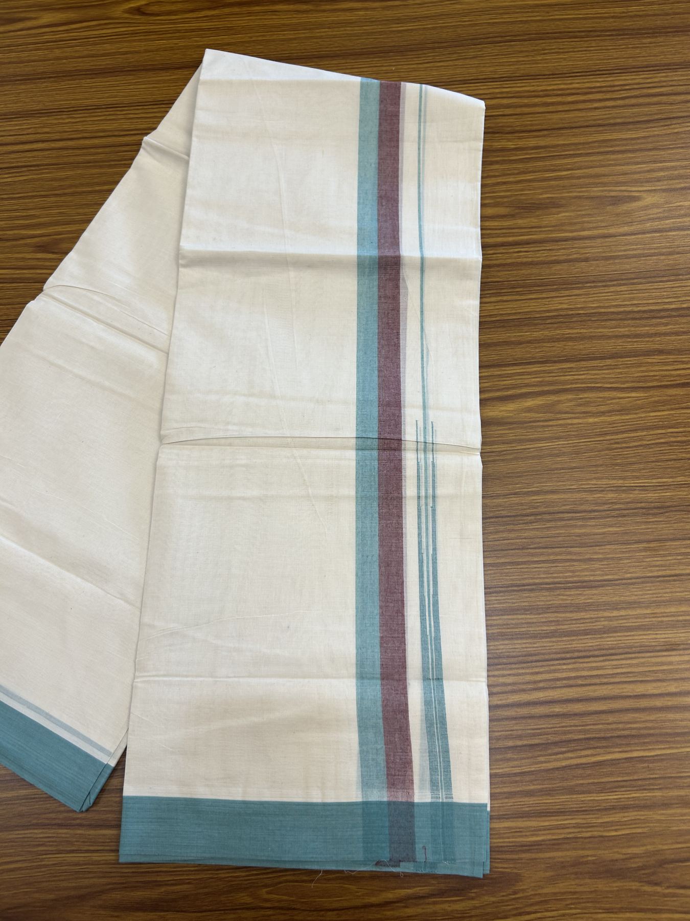 20% Discount ! Kaitharikada Balaramapuram 100% Pure Cotton Double Off white (Unbleached) Mundu/Dhoti - 100x80 - 1.25 inch Maroon & Turquoise Blue Shaded Stripes Chutty Kara 3.90 mtr (8 muzham) - 28 KK5313 PMC