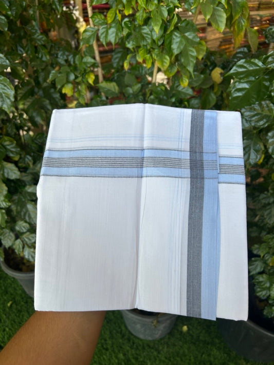 20% Discount! KaithariKada Balaramapuram 100% Cotton Double Pure white Mundu/Dhoti- 100X80 - 1.5 inch Sky Blue & Black striped Shaded kara - 3.90mtr ( 8 muzham) - 20 KK5280 VIN
