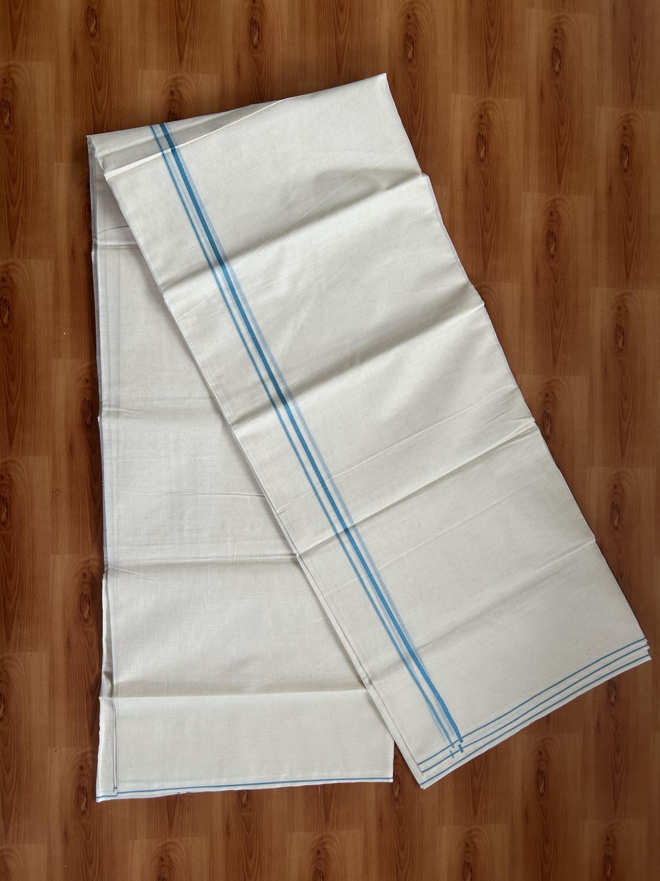 20% Discount! KaithariKada Balaramapuram 100% Cotton Double Off white - (Unbleached) - Mundu/Dhoti-100x80 - 0.3 cm Teal Blue Thin Kara  4.07 mtr (8.72 Muzham) - 80 KK5382 VIN