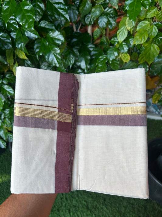 25% Discount! KaithariKada Handloom Millpaav Balaramapuram - Cotton Double Mundu/Dhoti Off white (Unbleached) - 80x90 - 1.25 inch Kasav striped Brown shaded Kara 3.60 meter (8 Muzham) - 76 KK5256 RAM