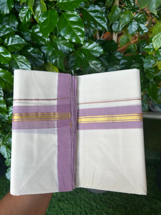 25% Discount! KaithariKada Handloom Millpaav Balaramapuram - Cotton Double Mundu/Dhoti Off white (Unbleached) - 80x90 - 1.75 inch Kasav & Dusty Lavender striped Kara 3.60 meter (8 Muzham) - 66 KK5256 RAM