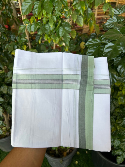20% Discount! KaithariKada Balaramapuram 100% Cotton Double Pure white Mundu/Dhoti- 100X80 - 1.5 inch Mint Green & Ash Black striped Shaded kara - 3.90mtr ( 8 muzham) - 21 KK5280 VIN