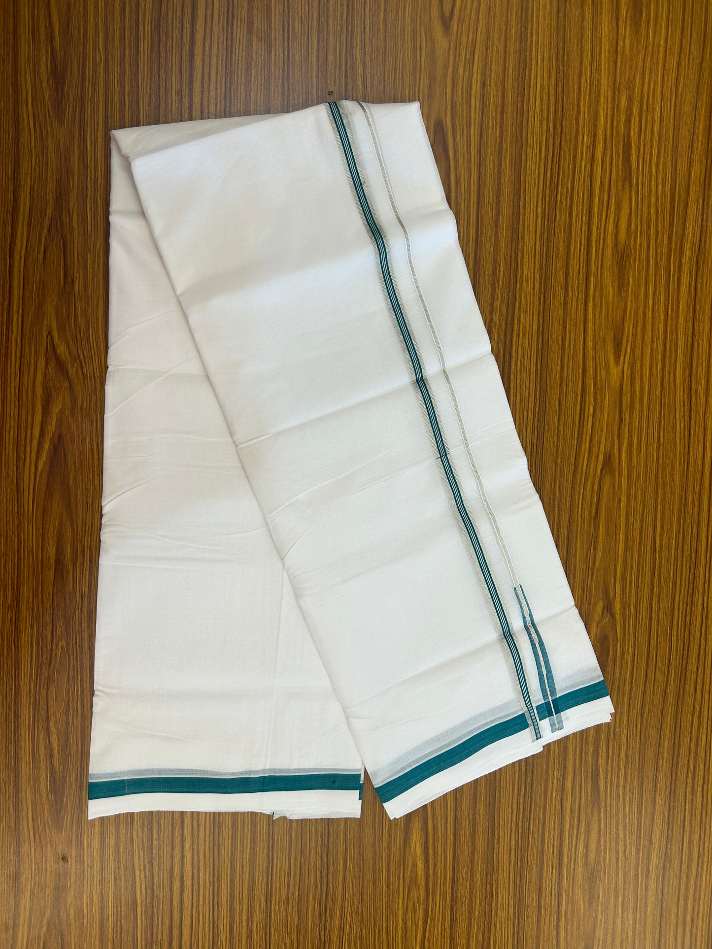 25% Discount ! KaithariKada Handloom Millpaav - Kerala Handloom - 100% Pure Cotton Double Mundu/Dhoti Pure white - 80x90 - 1.5 cm Silver Kasav & Blue Green Stripes Puliyilakkara Chutty 3.80 mtr (8 Muzham) - 27 KK5369 YAR