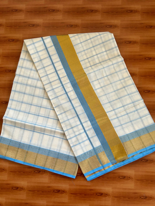 25% Discount! Kaitharikada Kerala Traditional Saree Off white- Mixed Cotton Kasavu Saree - 3 Inch  Pallu - Gold Kasav & Light Blue Striped Kara & Check Design Body - 34 KK7000 PMC